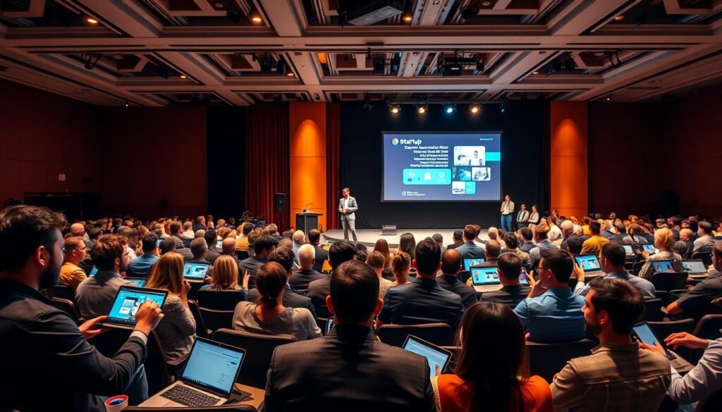 A vibrant startup pitch event set in a modern conference hall filled with enthusiastic entrepreneurs presenting their innovative ideas. In the foreground, a diverse group of well-dressed participants of various ethnic backgrounds, engaged and attentive, showcasing their business models on sleek laptops and tablets. In the middle, a polished stage brightly lit with spotlights, featuring a charismatic speaker passionately presenting to the audience, accompanied by a large screen displaying captivating visuals of their startup. The background features an audience of business professionals, investors, and mentors, discussing and taking notes. Warm, ambient lighting casts a welcoming atmosphere, enhancing the sense of excitement and opportunity in this dynamic environment. The perspective is slightly angled from the side of the stage, emphasizing the action and engagement of the event. A vibrant startup pitch event set in a modern conference hall filled with enthusiastic entrepreneurs presenting their innovative ideas. In the foreground, a diverse group of well-dressed participants of various ethnic backgrounds, engaged and attentive, showcasing their business models on sleek laptops and tablets. In the middle, a polished stage brightly lit with spotlights, featuring a charismatic speaker passionately presenting to the audience, accompanied by a large screen displaying captivating visuals of their startup. The background features an audience of business professionals, investors, and mentors, discussing and taking notes. Warm, ambient lighting casts a welcoming atmosphere, enhancing the sense of excitement and opportunity in this dynamic environment. The perspective is slightly angled from the side of the stage, emphasizing the action and engagement of the event.
