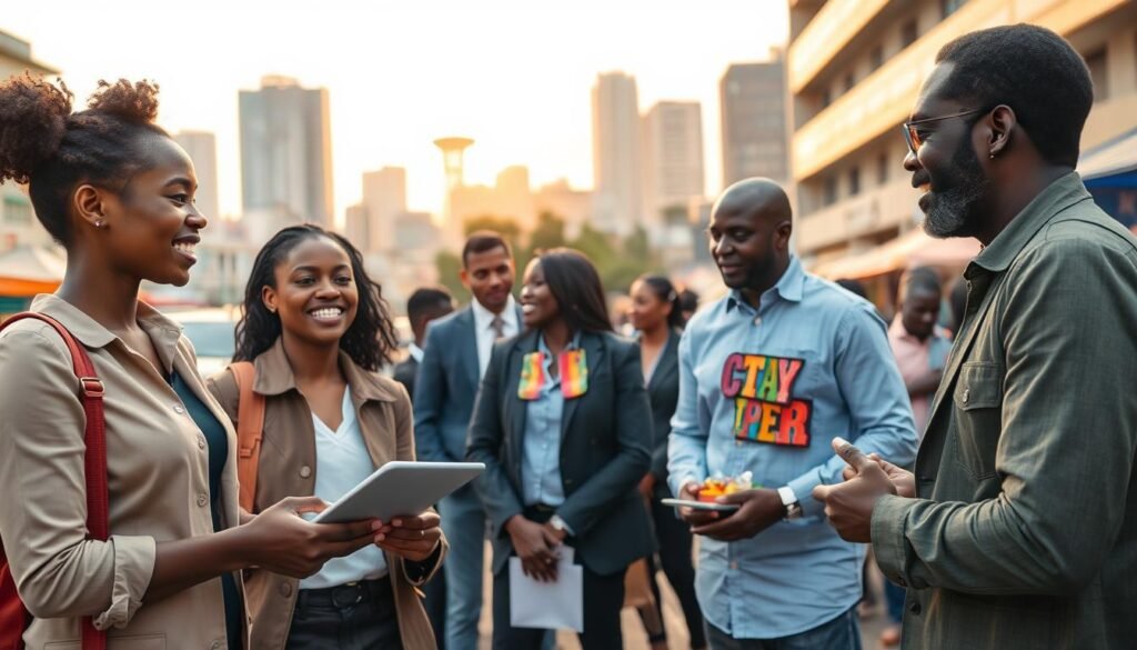 A vibrant street scene in Nairobi, Kenya, showcasing a diverse group of Kenyan entrepreneurs engaged in discussions. In the foreground, a young woman in professional attire, holding a tablet, is animatedly explaining her business strategy to a middle-aged man in business casual. In the middle ground, a small group of young professionals gathered around a pop-up market stall filled with colorful local crafts and food items, symbolizing innovation and entrepreneurship. The background features the iconic Nairobi skyline at sunset, with warm, golden lighting reflecting off the buildings, creating an inspiring and optimistic atmosphere. The overall mood is one of collaboration, energy, and success, highlighting the entrepreneurial spirit of Kenya. Use a wide-angle lens to capture the bustling environment and convey the dynamism of this thriving business community. A vibrant street scene in Nairobi, Kenya, showcasing a diverse group of Kenyan entrepreneurs engaged in discussions. In the foreground, a young woman in professional attire, holding a tablet, is animatedly explaining her business strategy to a middle-aged man in business casual. In the middle ground, a small group of young professionals gathered around a pop-up market stall filled with colorful local crafts and food items, symbolizing innovation and entrepreneurship. The background features the iconic Nairobi skyline at sunset, with warm, golden lighting reflecting off the buildings, creating an inspiring and optimistic atmosphere. The overall mood is one of collaboration, energy, and success, highlighting the entrepreneurial spirit of Kenya. Use a wide-angle lens to capture the bustling environment and convey the dynamism of this thriving business community.