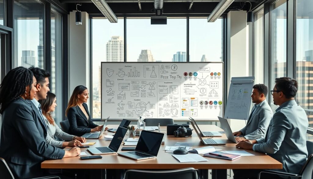 A vibrant workspace dedicated to building a brand and operational foundations. In the foreground, a professional-looking team of diverse individuals in business attire collaborates around a large conference table covered with laptops, notes, and design sketches. The middle ground features a whiteboard filled with brainstorming diagrams, marketing strategies, and logos, symbolizing creativity and planning. In the background, large windows reveal a sunny urban landscape, providing a sense of optimism and opportunity. The lighting is bright and natural, enhancing the feeling of a productive environment. The camera angle is slightly elevated, capturing the dynamic interaction between the team members and the tools of the trade. The overall mood is energetic and focused, conveying the excitement of starting a new venture.