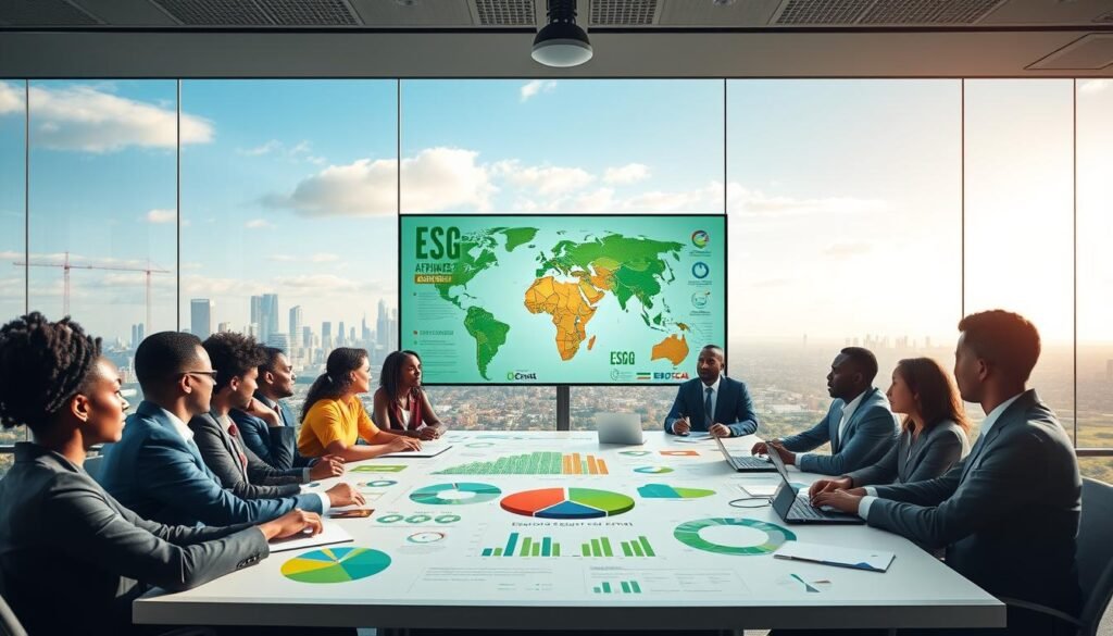 A visually compelling strategic overview of ESG for African businesses, showcasing key concepts of sustainability and growth. In the foreground, diverse professionals in business attire engage in a vibrant discussion around a large conference table filled with charts and graphs that symbolize energy, environment, and social factors. In the middle ground, a large digital screen displays dynamic infographics illustrating ESG metrics, green technologies, and community impacts specific to Africa. The background features a city skyline with an African landscape, under a bright, inspiring sky. Use soft, natural lighting to create an uplifting atmosphere, emphasizing collaboration and innovation. The angle should be slightly elevated, capturing the intensity and focus of the meeting while ensuring a corporate ambiance. A visually compelling strategic overview of ESG for African businesses, showcasing key concepts of sustainability and growth. In the foreground, diverse professionals in business attire engage in a vibrant discussion around a large conference table filled with charts and graphs that symbolize energy, environment, and social factors. In the middle ground, a large digital screen displays dynamic infographics illustrating ESG metrics, green technologies, and community impacts specific to Africa. The background features a city skyline with an African landscape, under a bright, inspiring sky. Use soft, natural lighting to create an uplifting atmosphere, emphasizing collaboration and innovation. The angle should be slightly elevated, capturing the intensity and focus of the meeting while ensuring a corporate ambiance.