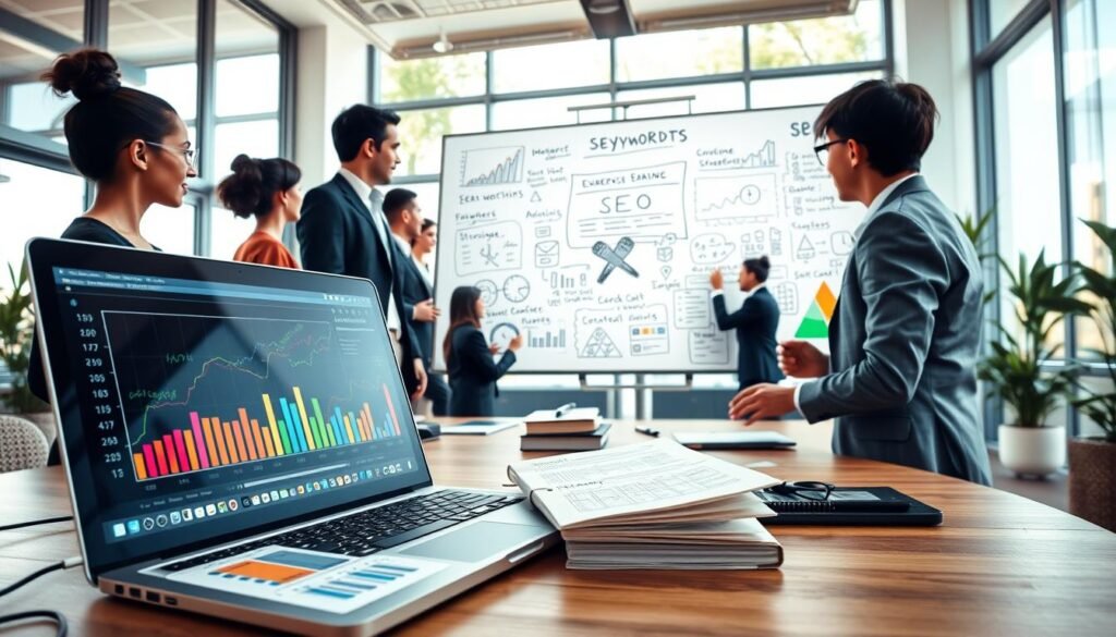 A visually compelling workspace illustrating SEO best practices for digital marketing. In the foreground, a laptop displaying colorful graphs and website analytics, alongside a notepad filled with strategies. In the middle, a diverse group of professionals in smart business attire collaborating on a whiteboard filled with keywords, search engine algorithms, and optimization techniques. The background features a modern office with large windows allowing natural light to flood in, along with indoor plants to create a fresh atmosphere. The scene conveys a sense of innovation and teamwork, with a warm color palette emphasizing approachability and determination. The camera angle is slightly elevated, giving an overview of the collaborative workspace while maintaining focus on the active discussions about improving search engine visibility. A visually compelling workspace illustrating SEO best practices for digital marketing. In the foreground, a laptop displaying colorful graphs and website analytics, alongside a notepad filled with strategies. In the middle, a diverse group of professionals in smart business attire collaborating on a whiteboard filled with keywords, search engine algorithms, and optimization techniques. The background features a modern office with large windows allowing natural light to flood in, along with indoor plants to create a fresh atmosphere. The scene conveys a sense of innovation and teamwork, with a warm color palette emphasizing approachability and determination. The camera angle is slightly elevated, giving an overview of the collaborative workspace while maintaining focus on the active discussions about improving search engine visibility.