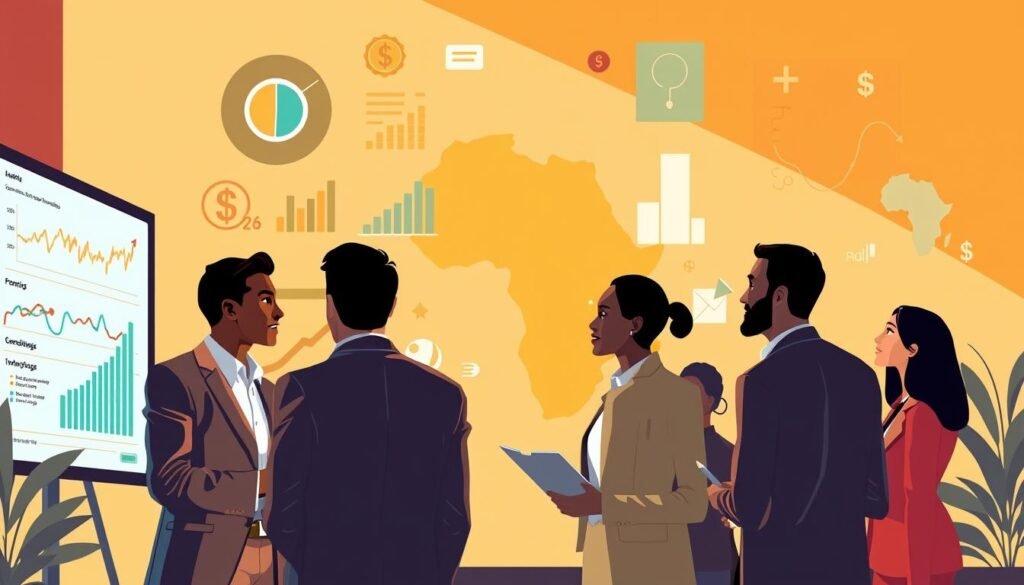 A visually engaging illustration depicting funding strategies and loan mechanisms. In the foreground, a diverse group of professionals in business attire, analyzing charts and data on a large screen, showcasing various loan options and funding sources. In the middle ground, stylized representations of financial graphs, infographics, and currency symbols, symbolizing different funding strategies, with a subtle map of Africa highlighted in the background. Utilize warm, inviting lighting to create a collaborative atmosphere, with soft shadows casting across the workspace. The angle should be slightly tilted down to capture the professionals' engaged expressions and the rich details of the financial visuals. The overall mood is optimistic and dynamic, reflecting innovation and growth in financing. A visually engaging illustration depicting funding strategies and loan mechanisms. In the foreground, a diverse group of professionals in business attire, analyzing charts and data on a large screen, showcasing various loan options and funding sources. In the middle ground, stylized representations of financial graphs, infographics, and currency symbols, symbolizing different funding strategies, with a subtle map of Africa highlighted in the background. Utilize warm, inviting lighting to create a collaborative atmosphere, with soft shadows casting across the workspace. The angle should be slightly tilted down to capture the professionals' engaged expressions and the rich details of the financial visuals. The overall mood is optimistic and dynamic, reflecting innovation and growth in financing.