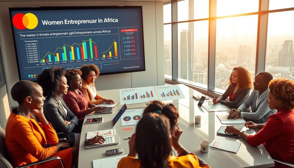 A visually engaging scene depicting the Mastercard Index for women entrepreneurs in Africa. In the foreground, a diverse group of women in professional business attire, representing various African cultures and backgrounds, are engaged in animated discussions around a modern conference table, filled with digital devices and graphs showcasing entrepreneurship statistics. The middle ground features a sleek, high-tech presentation board with vibrant charts illustrating historical trends in women entrepreneurship across Africa. The background shows an office environment with large windows revealing a city skyline, bathed in soft natural light, suggesting a promising future. The mood is empowering and optimistic, capturing the resilience and growth of women entrepreneurs in the continent. A visually engaging scene depicting the Mastercard Index for women entrepreneurs in Africa. In the foreground, a diverse group of women in professional business attire, representing various African cultures and backgrounds, are engaged in animated discussions around a modern conference table, filled with digital devices and graphs showcasing entrepreneurship statistics. The middle ground features a sleek, high-tech presentation board with vibrant charts illustrating historical trends in women entrepreneurship across Africa. The background shows an office environment with large windows revealing a city skyline, bathed in soft natural light, suggesting a promising future. The mood is empowering and optimistic, capturing the resilience and growth of women entrepreneurs in the continent.