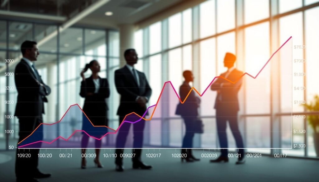 A visually striking, data-driven illustration representing "Trends in Monthly Funding Performance." The foreground features a dynamic line graph with vibrant colors showing fluctuating funding amounts over a series of months, illustrating clear peaks and troughs. In the middle ground, incorporate silhouettes of professionals in business attire observing the graph, creating a sense of analysis and engagement. The background should depict a modern office environment with large windows and soft natural lighting, suggesting a bright and optimistic atmosphere. Consider a slight depth of field to emphasize the graph while keeping the figures in clear focus. The overall mood should be professional, forward-looking, and insightful, capturing the essence of economic growth and investment trends in Africa. A visually striking, data-driven illustration representing "Trends in Monthly Funding Performance." The foreground features a dynamic line graph with vibrant colors showing fluctuating funding amounts over a series of months, illustrating clear peaks and troughs. In the middle ground, incorporate silhouettes of professionals in business attire observing the graph, creating a sense of analysis and engagement. The background should depict a modern office environment with large windows and soft natural lighting, suggesting a bright and optimistic atmosphere. Consider a slight depth of field to emphasize the graph while keeping the figures in clear focus. The overall mood should be professional, forward-looking, and insightful, capturing the essence of economic growth and investment trends in Africa.