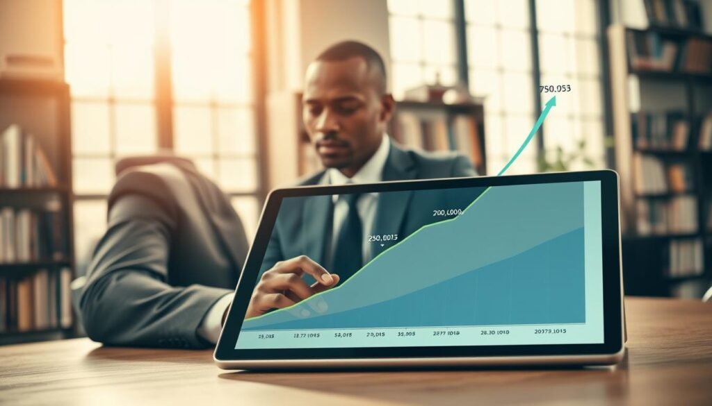 A visually striking funding valuation growth chart, prominently displayed with dynamic upward trajectories representing the rise of African startups. In the foreground, a sleek, modern digital tablet showcases an interactive graph with clear markers for funding rounds, valuations, and growth metrics. The middle ground features a well-dressed business professional analyzing the chart, embodying determination and optimism, positioned slightly to the side to allow focus on the chart itself. The background is a soft-focus office environment with shelves of books on entrepreneurship and innovation, bathed in warm natural light streaming through large windows. The angle captures both the professional and the chart's details beautifully, creating a mood of ambition and success in the vibrant, emerging landscape of African startups. A visually striking funding valuation growth chart, prominently displayed with dynamic upward trajectories representing the rise of African startups. In the foreground, a sleek, modern digital tablet showcases an interactive graph with clear markers for funding rounds, valuations, and growth metrics. The middle ground features a well-dressed business professional analyzing the chart, embodying determination and optimism, positioned slightly to the side to allow focus on the chart itself. The background is a soft-focus office environment with shelves of books on entrepreneurship and innovation, bathed in warm natural light streaming through large windows. The angle captures both the professional and the chart's details beautifully, creating a mood of ambition and success in the vibrant, emerging landscape of African startups.