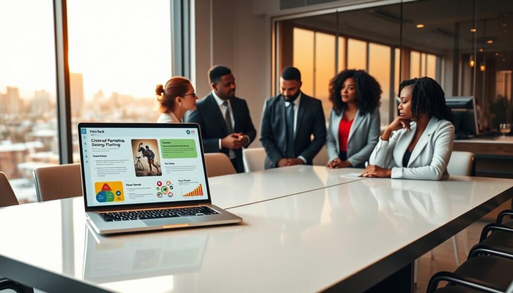 A visually striking pitch deck layout set on a sleek, modern conference table. In the foreground, a diverse group of four business professionals, dressed in professional attire, attentively discussing a colorful presentation slide showcasing key narrative elements. The middle ground features an elegantly designed, open laptop displaying graphs and visuals that highlight storytelling techniques. In the background, a large window reveals a vibrant African city skyline, bathed in warm golden light, suggesting an optimistic and collaborative atmosphere. The scene is captured in soft focus with a slight depth-of-field effect, emphasizing the engaged conversation while retaining the professional setting. The overall mood is inspiring and dynamic, reflecting creativity and purpose in business storytelling. A visually striking pitch deck layout set on a sleek, modern conference table. In the foreground, a diverse group of four business professionals, dressed in professional attire, attentively discussing a colorful presentation slide showcasing key narrative elements. The middle ground features an elegantly designed, open laptop displaying graphs and visuals that highlight storytelling techniques. In the background, a large window reveals a vibrant African city skyline, bathed in warm golden light, suggesting an optimistic and collaborative atmosphere. The scene is captured in soft focus with a slight depth-of-field effect, emphasizing the engaged conversation while retaining the professional setting. The overall mood is inspiring and dynamic, reflecting creativity and purpose in business storytelling.