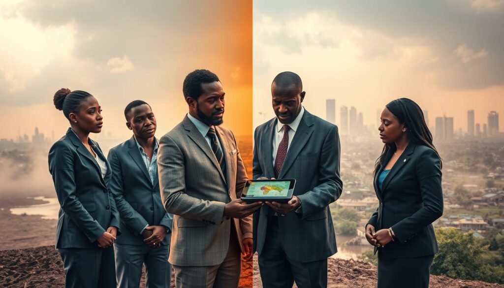 A visually striking representation of climate change risks in Nigeria, showcasing a split view of the environment. In the foreground, depict a group of professionally dressed individuals engaged in a discussion, examining a digital tablet displaying data on climate impact. They should look concerned yet determined. In the middle ground, illustrate contrasting landscapes: one half shows a drought-stricken area with cracked earth and wilting crops, while the other half displays a flood-affected community with submerged homes and debris. In the background, feature a skyline of a Nigerian city, partially shrouded in haze. Use warm, dramatic lighting to emphasize urgency and create an atmosphere of both challenge and hope. Capture the scene with a wide-angle lens, creating depth and focus on the plight of communities amid climate action discussions. A visually striking representation of climate change risks in Nigeria, showcasing a split view of the environment. In the foreground, depict a group of professionally dressed individuals engaged in a discussion, examining a digital tablet displaying data on climate impact. They should look concerned yet determined. In the middle ground, illustrate contrasting landscapes: one half shows a drought-stricken area with cracked earth and wilting crops, while the other half displays a flood-affected community with submerged homes and debris. In the background, feature a skyline of a Nigerian city, partially shrouded in haze. Use warm, dramatic lighting to emphasize urgency and create an atmosphere of both challenge and hope. Capture the scene with a wide-angle lens, creating depth and focus on the plight of communities amid climate action discussions.