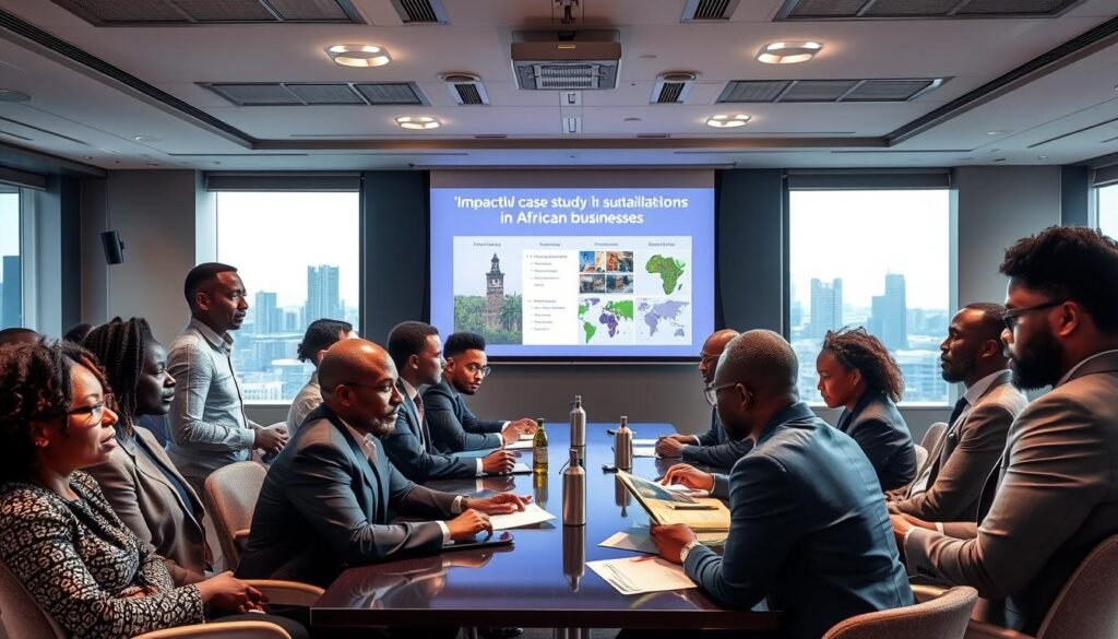 A well-lit conference room filled with diverse African industry leaders engaged in dynamic discussions. In the foreground, a group of professionals in smart business attire, representing various sectors, are gathered around a stylish table. They display expressions of focus and collaboration, sharing reports and charts. In the middle, a modern projector screen showcases impactful case study visuals related to sustainability initiatives in African businesses. The background features large windows revealing a city skyline, emphasizing progress and opportunity. Soft, natural light filters through, creating an inspiring and productive atmosphere. The overall mood conveys innovation, teamwork, and a commitment to driving sustainable practices in industry. A well-lit conference room filled with diverse African industry leaders engaged in dynamic discussions. In the foreground, a group of professionals in smart business attire, representing various sectors, are gathered around a stylish table. They display expressions of focus and collaboration, sharing reports and charts. In the middle, a modern projector screen showcases impactful case study visuals related to sustainability initiatives in African businesses. The background features large windows revealing a city skyline, emphasizing progress and opportunity. Soft, natural light filters through, creating an inspiring and productive atmosphere. The overall mood conveys innovation, teamwork, and a commitment to driving sustainable practices in industry.