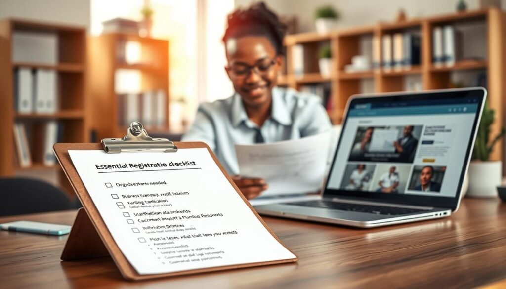 A well-organized desk scene showcasing an essential documentation and compliance checklist for business registration in Africa. In the foreground, a neatly arranged checklist on a clipboard with bullet points indicating key documents needed, such as business licenses, tax identification, and permits. Beside it, an open laptop displaying a professional website with business resources. In the middle, a focused business professional in professional attire, reviewing documents, with a slight smile, symbolizing progress and diligence. The background features a soft-focus office environment with shelves of books and a small potted plant, adding a touch of warmth. Natural lighting from a window highlights the scene, evoking a sense of productivity and professionalism. A well-organized desk scene showcasing an essential documentation and compliance checklist for business registration in Africa. In the foreground, a neatly arranged checklist on a clipboard with bullet points indicating key documents needed, such as business licenses, tax identification, and permits. Beside it, an open laptop displaying a professional website with business resources. In the middle, a focused business professional in professional attire, reviewing documents, with a slight smile, symbolizing progress and diligence. The background features a soft-focus office environment with shelves of books and a small potted plant, adding a touch of warmth. Natural lighting from a window highlights the scene, evoking a sense of productivity and professionalism.