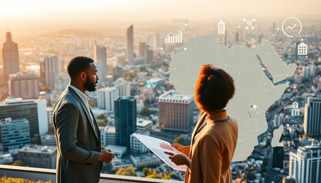 An expansive overview of Africa's startup funding ecosystem, showcasing the diverse landscape of innovation and investment. In the foreground, a group of three professional individuals, representing different ethnic backgrounds, engaged in a discussion while analyzing charts and graphs displaying funding metrics. The middle ground features a vibrant cityscape with modern office buildings and co-working spaces bustling with activity. In the background, a stylized map of Africa, incorporating symbols representing tech hubs, investors, and startups. The lighting is warm and inviting, suggesting a bright future, with golden hour sunlight casting soft shadows. The atmosphere is one of collaboration and optimism, accentuating the potential and dynamism of Africa's startup scene. An expansive overview of Africa's startup funding ecosystem, showcasing the diverse landscape of innovation and investment. In the foreground, a group of three professional individuals, representing different ethnic backgrounds, engaged in a discussion while analyzing charts and graphs displaying funding metrics. The middle ground features a vibrant cityscape with modern office buildings and co-working spaces bustling with activity. In the background, a stylized map of Africa, incorporating symbols representing tech hubs, investors, and startups. The lighting is warm and inviting, suggesting a bright future, with golden hour sunlight casting soft shadows. The atmosphere is one of collaboration and optimism, accentuating the potential and dynamism of Africa's startup scene.