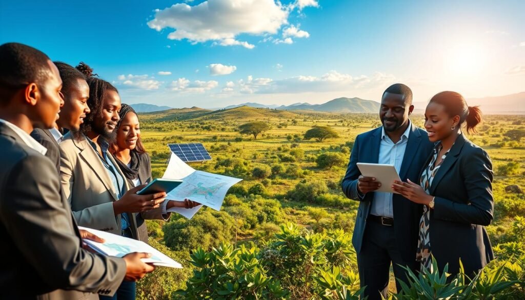 Foreground: A diverse group of professionals in business attire, engaged in a lively discussion, holding digital tablets and project maps, showcasing unity and collaboration. Middle: A lush African landscape filled with vibrant greenery and acacia trees, symbolizing growth and opportunities. Emerging elements like solar panels, urban developments, and flourishing agricultural fields illustrate innovation and sustainability. Background: A clear blue sky with soft, golden sunlight suggesting a hopeful dawn, hinting at prosperity and development. The scene should evoke a sense of optimism and forward-thinking, with rich, saturated colors to enhance the vibrancy of the African continent. Capture the essence of exploration and investment opportunities, shot from a slightly elevated angle to encompass the vastness of the environment. Foreground: A diverse group of professionals in business attire, engaged in a lively discussion, holding digital tablets and project maps, showcasing unity and collaboration. Middle: A lush African landscape filled with vibrant greenery and acacia trees, symbolizing growth and opportunities. Emerging elements like solar panels, urban developments, and flourishing agricultural fields illustrate innovation and sustainability. Background: A clear blue sky with soft, golden sunlight suggesting a hopeful dawn, hinting at prosperity and development. The scene should evoke a sense of optimism and forward-thinking, with rich, saturated colors to enhance the vibrancy of the African continent. Capture the essence of exploration and investment opportunities, shot from a slightly elevated angle to encompass the vastness of the environment.