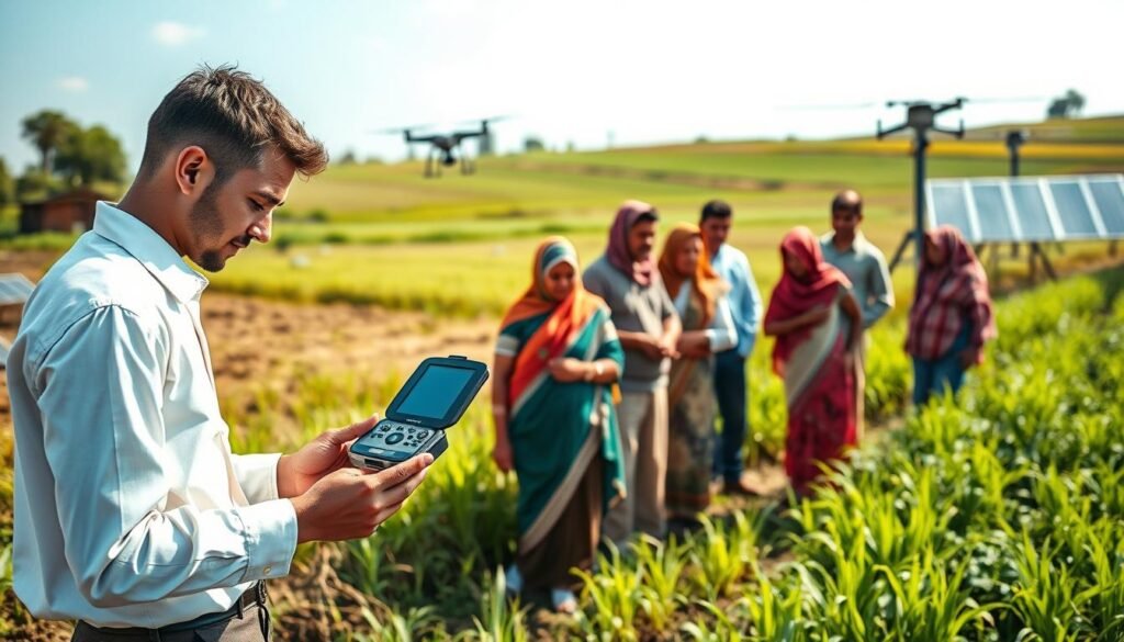 In a rural setting, depict a vibrant agritech scene showcasing both challenges and opportunities. In the foreground, a young agronomist in professional attire examines a high-tech soil testing device, illustrating the push for innovation. In the middle ground, a diverse group of farmers, wearing modest clothing, engages in a discussion around a solar-powered irrigation system, highlighting collaboration in overcoming obstacles. The background should feature lush fields with traditional farming practices juxtaposed against modern tech elements like drones and automated machinery. Use natural lighting to create a hopeful atmosphere, indicating a blend of tradition and technology under a bright, clear sky. Capture this scene with a slightly elevated angle to encompass the depth of rural agritech potential. In a rural setting, depict a vibrant agritech scene showcasing both challenges and opportunities. In the foreground, a young agronomist in professional attire examines a high-tech soil testing device, illustrating the push for innovation. In the middle ground, a diverse group of farmers, wearing modest clothing, engages in a discussion around a solar-powered irrigation system, highlighting collaboration in overcoming obstacles. The background should feature lush fields with traditional farming practices juxtaposed against modern tech elements like drones and automated machinery. Use natural lighting to create a hopeful atmosphere, indicating a blend of tradition and technology under a bright, clear sky. Capture this scene with a slightly elevated angle to encompass the depth of rural agritech potential.